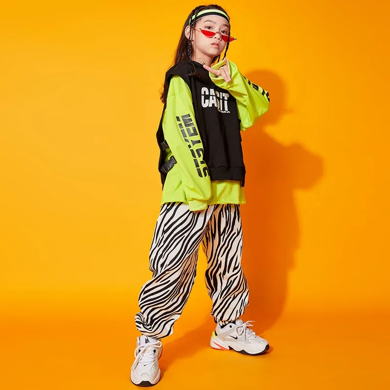 Hip Hop Dance Costume Pants para meninas e meninos, Hoodie sem mangas, Zebra Sweatshirt, Streetwear, Colete Jogger, Roupas infantis, Roupas Jazz