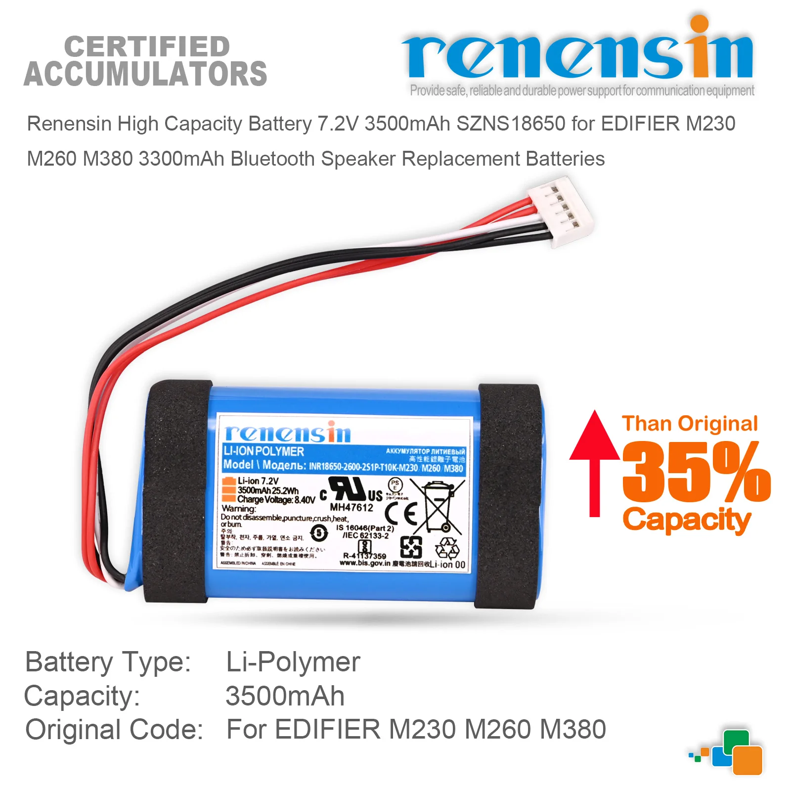 Renensin High Capacity Battery 3500mAh SZNS18650 for EDIFIER M230  M260 M380 3300mAh Bluetooth Speaker Replacement Batteries