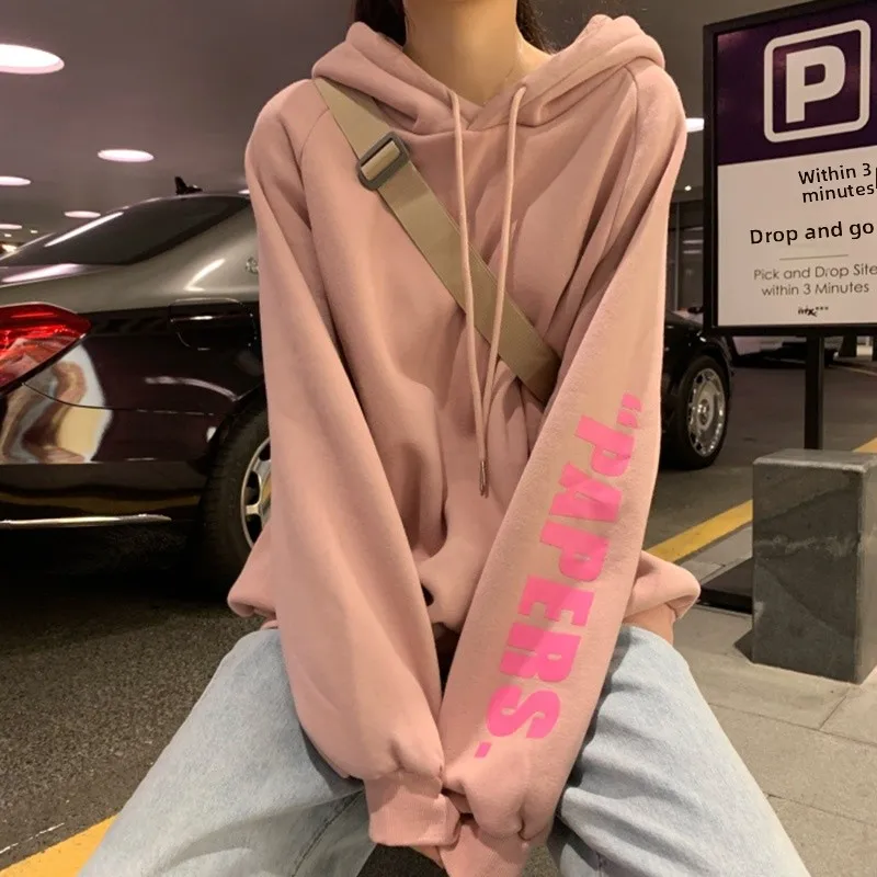 

Autumn Winter Hooded Sweatshirt Thickened Fleece Print Long Sleeve Women's Loose Outerwear Korean Style Commute Fashion