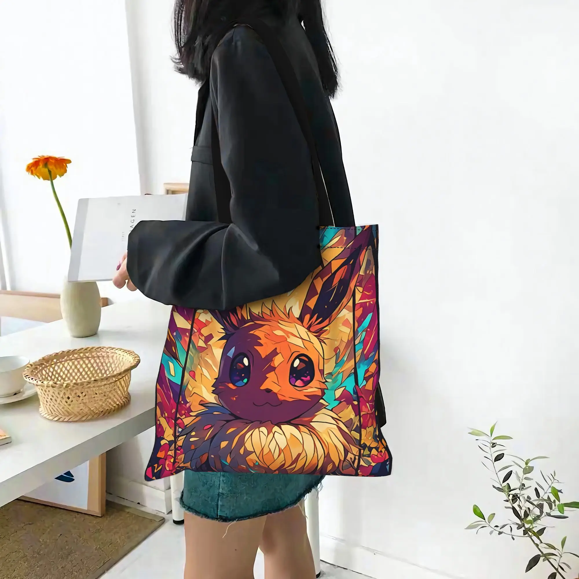 Customized Pokemon Eevee Eeveelution Women's Bag Shopping Bag Reusable Double Sided Canvas Tote Bag Shoulder  Handbag