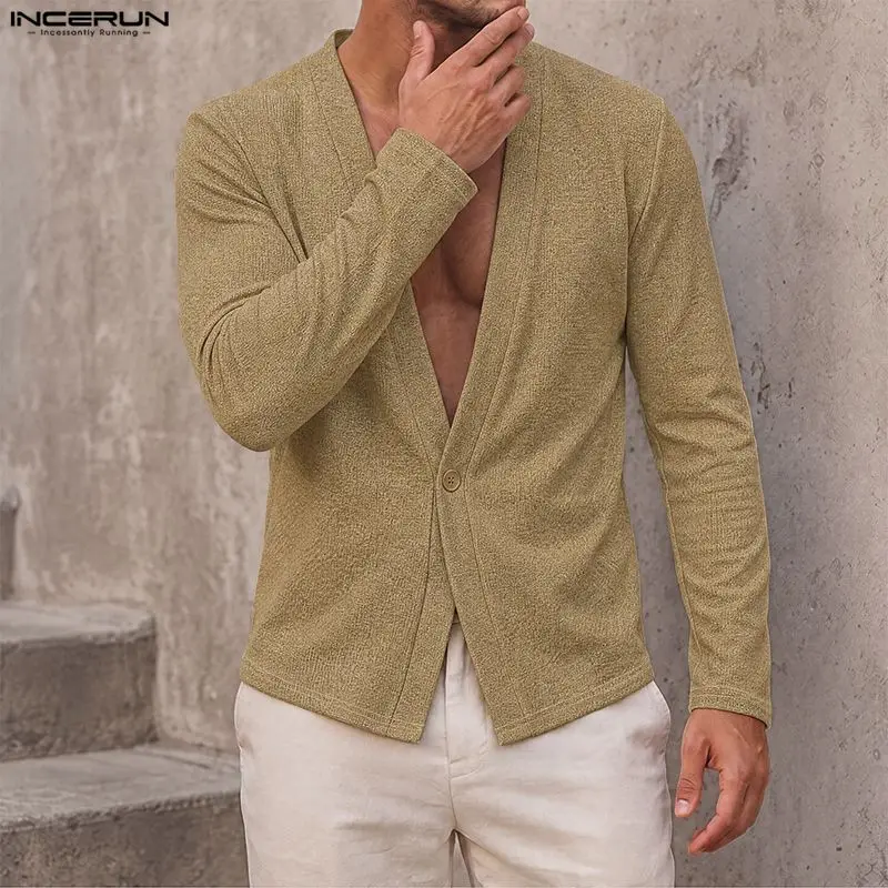 INCERUN Men's Blazer Solid Color V Neck Long Sleeve One Button Casual Blazer For Man Streetwear 2026 Vintage Male Suit Autumn