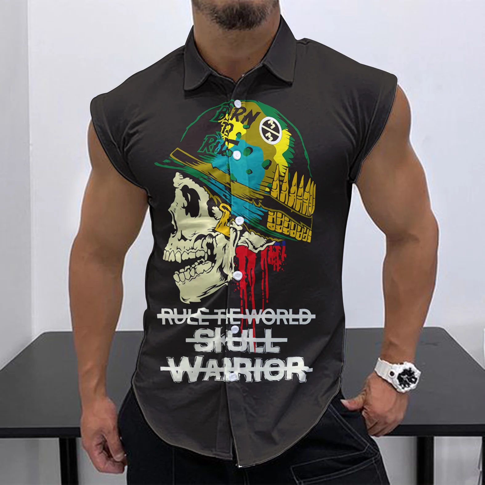 2023 Summer New Men\'s Sleeveless Shirt Fashion Street Leisure Beach Holiday Party Fashion Skull HD 3D Print Quick Dry Shirt