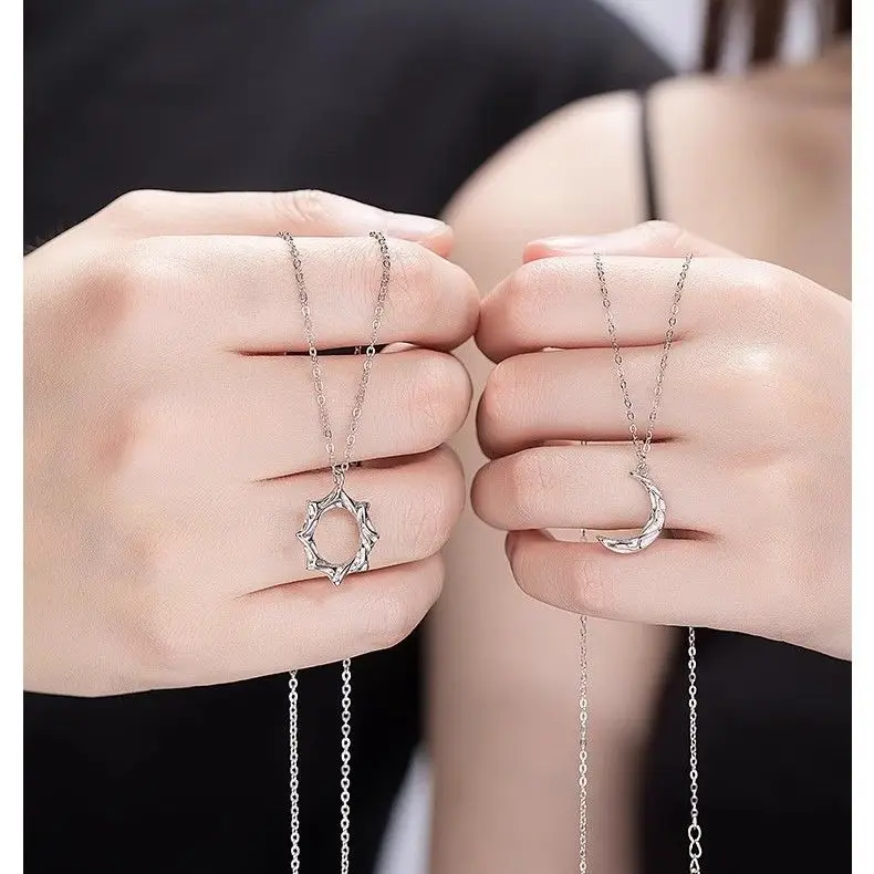 Sun Moon Interlocking Couple Necklaces S925 Sterling Silver Matching Set Love Token for Valentine's/Birthdays