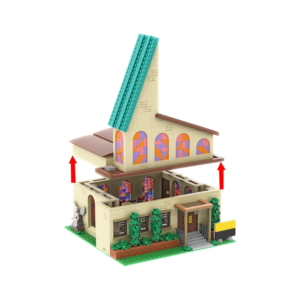 MOC Popular Anime Simpsinged Street View Bricks Model Modular Springfield Church Architecture Building Blocks Assemble Toy Gifts