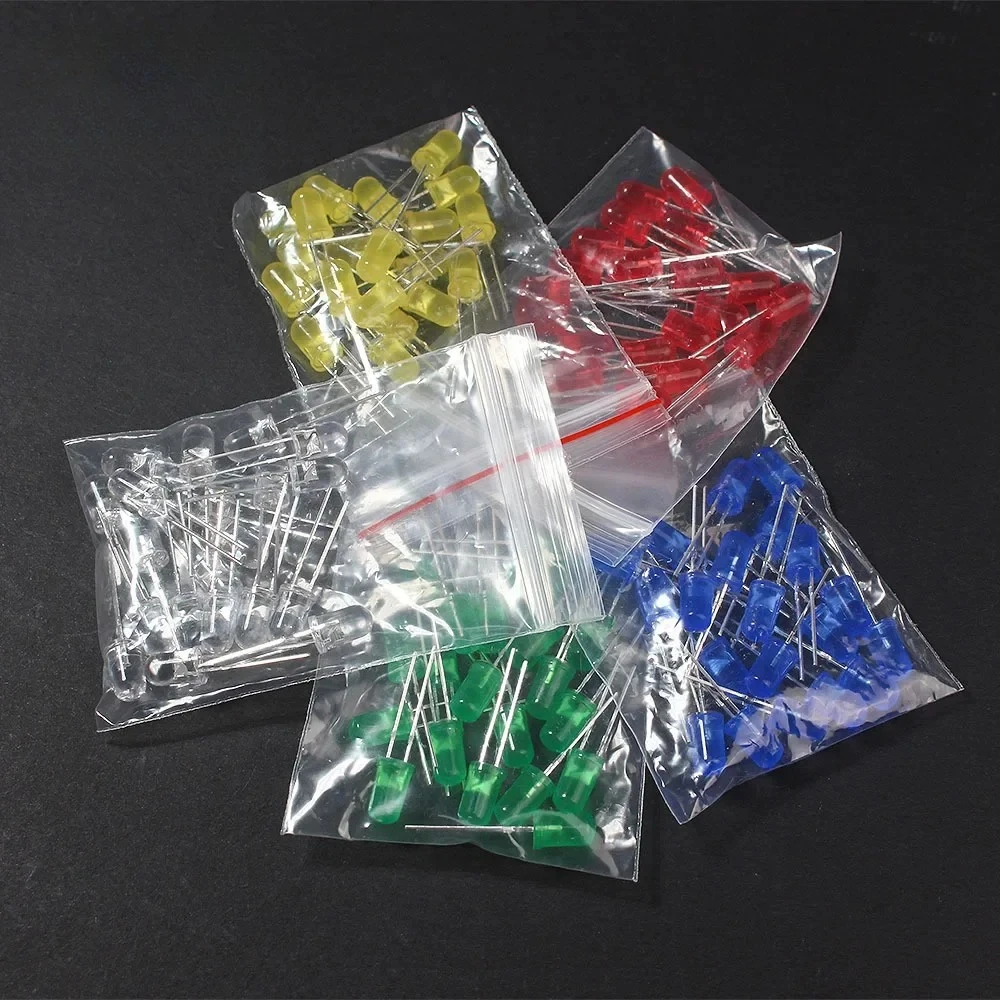 100pcs 5mm LED Diode F5 Ultra Bright Round LED Assortment Kit White Green Yellow Blue Red Light Emitting Diodes for Diy Kits