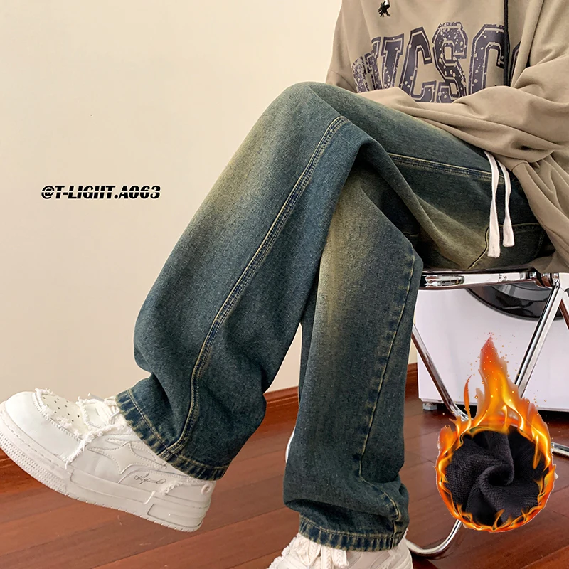 

Мужские джинсы из денима, осенне-зимние, новые, свободные, прямые, повседневные брюки в американском уличном стиле, утепленные флисом