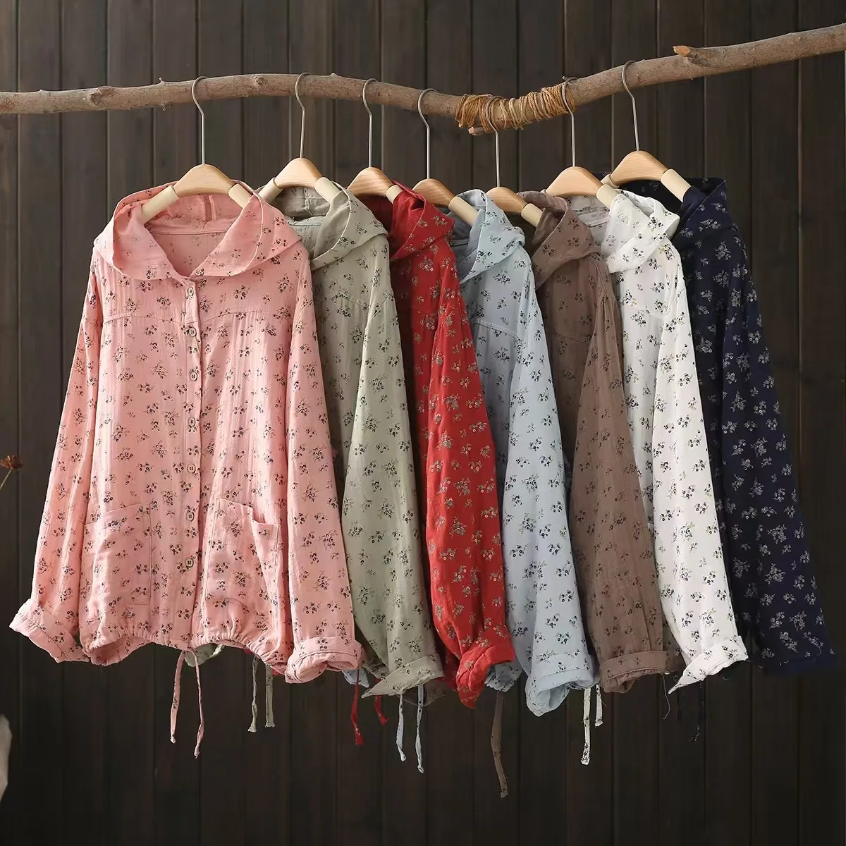 

New Autumn Rustic Flower Print Hooded Shirts and Blouses for Women Japanese Style Large Size Tops Hoodies Cardigan Outwear
