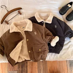 2024 new autumn and winter baby thickened corduroy lapel jacket boy lamb wool warm handsome soft jacket