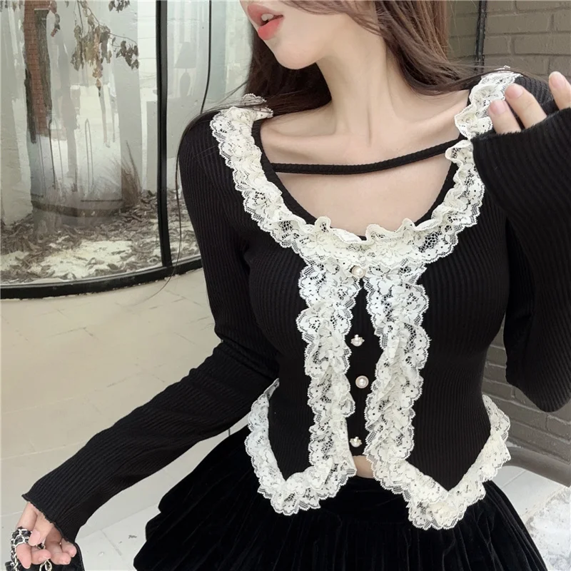 KUSAHIKI Chic Sweet Spicy Girl Knitwear 2024 Spring New Fashion Base Y2k Tops Korean Hit Color Lace Patchwork Knitted Sweaters