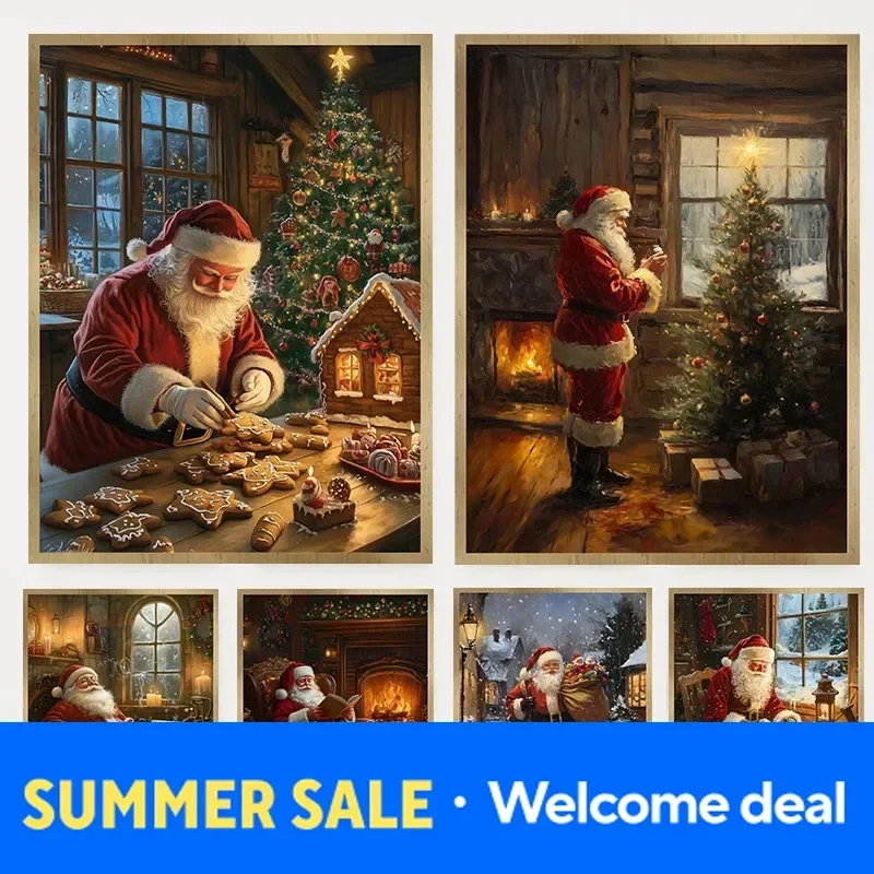 Christmas Eve Santa Poster Winter Wonderland Rustic Festival Scenery Diamond Painting Wall Art for Living Room Home Decor Gift