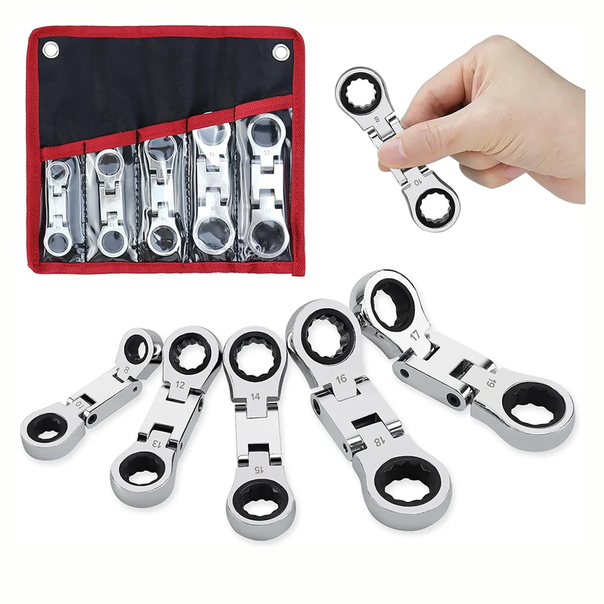 B59A5-Piece Flex-Head Stubby Ratcheting Combination Wrench Set, Mini Wrench Set, Double Box End Flex-Head, Mini Spanner Set