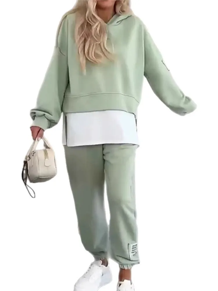 Casual Two Fakes Sweatshirt Two-piece Set For Woman Fashion Hooded Hood Pullovers  Skinny Pants Suit Autumn Winter Lady Outfit