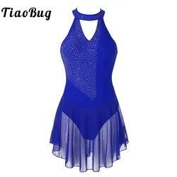 Women Rhinestone Halter Backless Figure Skating Dance Dress Gymnastics Skirted Leotard Dress Costumes