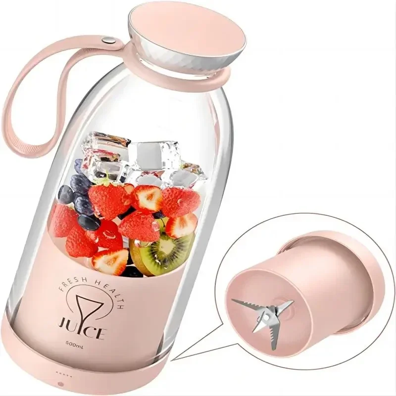 Exprimidor portátil USB, licuadora de botellas de jugo fresco, mezcladores de frutas inalámbricos de 500ml, 6 cuchillas, 2400mAh, taza de hielo para batido de alimentos