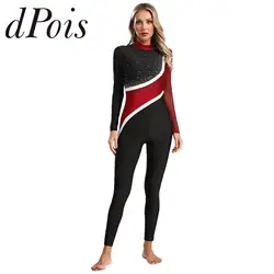 Womens Colorblock Acrobatic Gymnastics Jumpsuit Full Body Leotard Dancewear Femme Sheer Mesh Long Sleeve Figure Skating Bodysuit