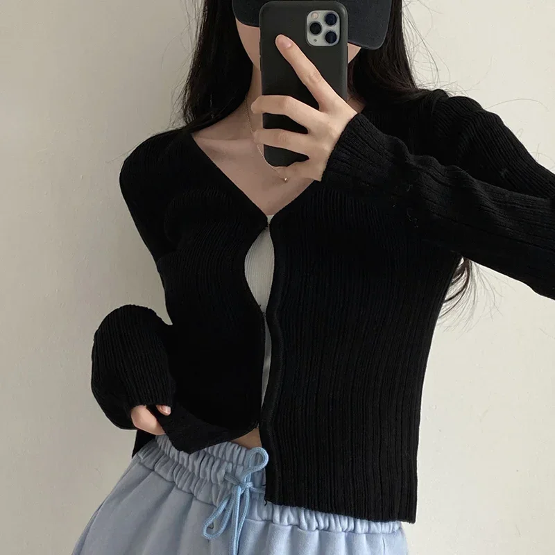 Ezgaga Cropped Cardigan Women V Neck Covered Button Solid Stretch Thin Spring Long Sleeve Knitted Tops Casual Lady Sweater