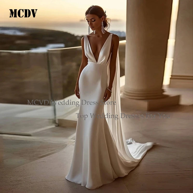 

Sexy Pleat Spaghetti Straps Mermaid Wedding Dress 2026 Sleeveless Open Back Deep V Neck Bridal Gown Customized Vestidos De Novia