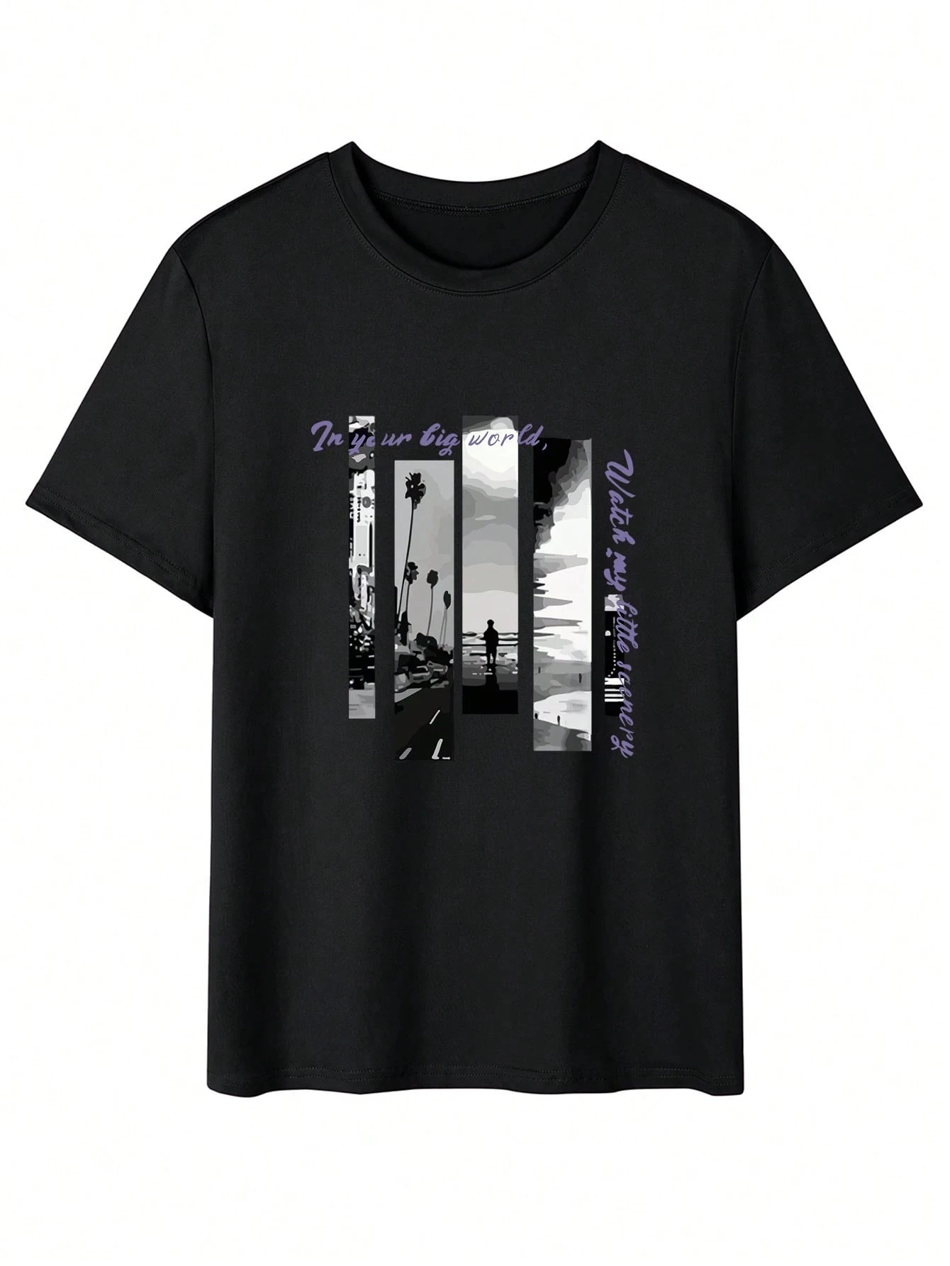 2026 New Sportwear Family Matching Unisex Oversized T Shirt Vertical Strip Landscape Photo Text Streetwear Tee