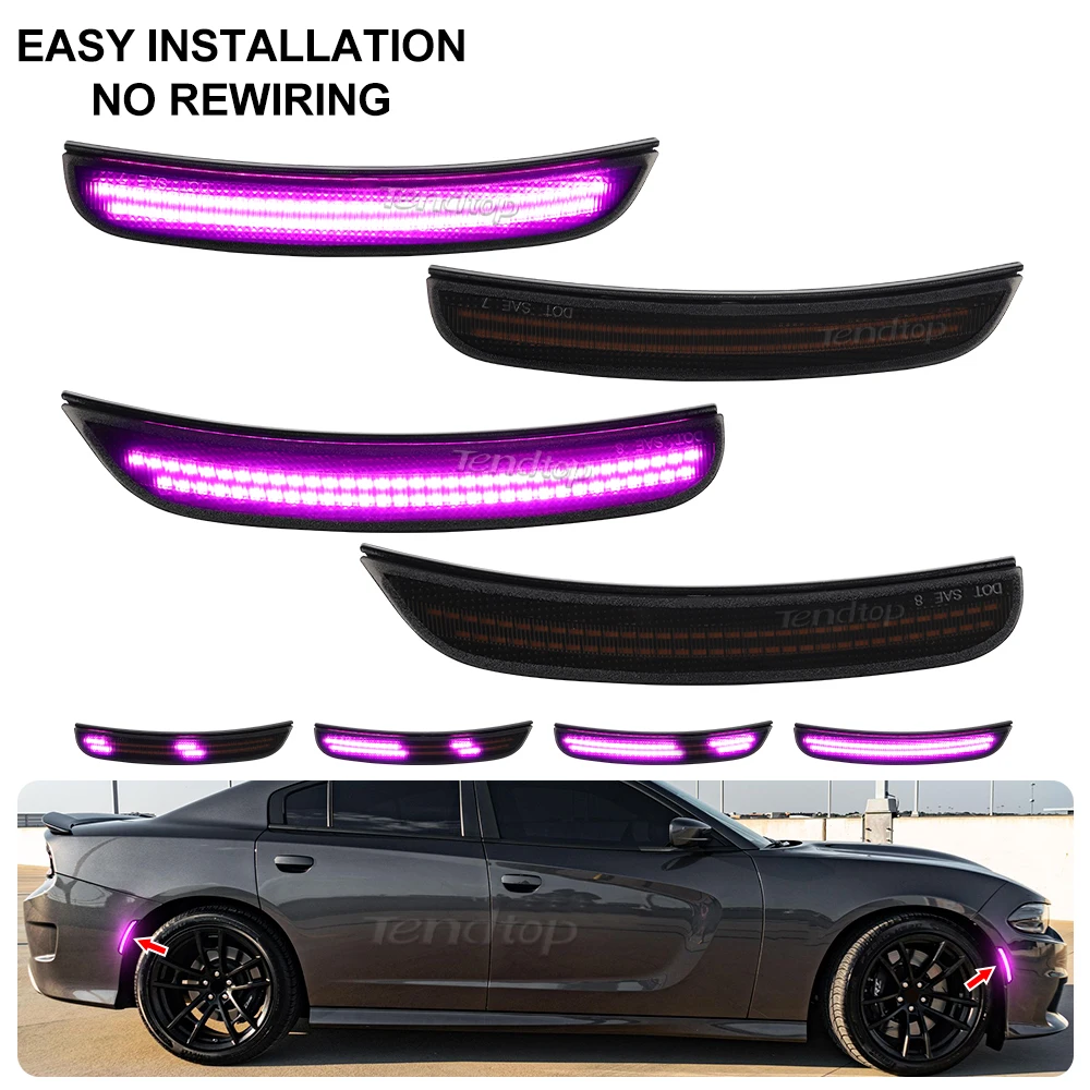 4pcs LED Purple Side Marker Front Rear Bumper Lamp Turn Signal Mirror Light  Front Rear  Lights For Dodge Charger 2015-2023