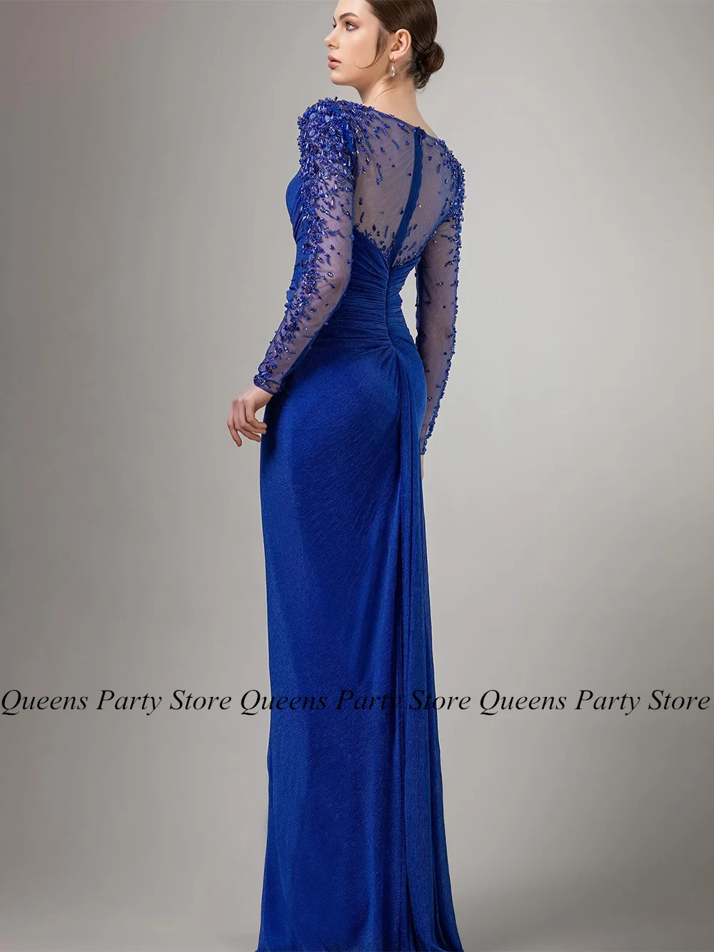 Royal Blue Evening Dress Sheer Scoop Neck Long Sleeves Beading Rhinestone Pleat High Slit Velour Party Gown Formal Prom Dresses