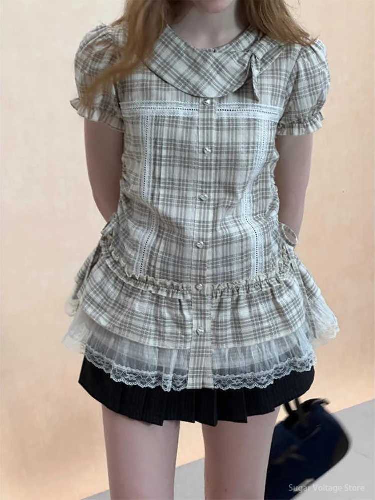 American Retro Style Puff Sleeve Doll Collar Plaid Y2k Shirt Women Summer Elegant Lace Trim Slim Tops Female Streetwear Blouses