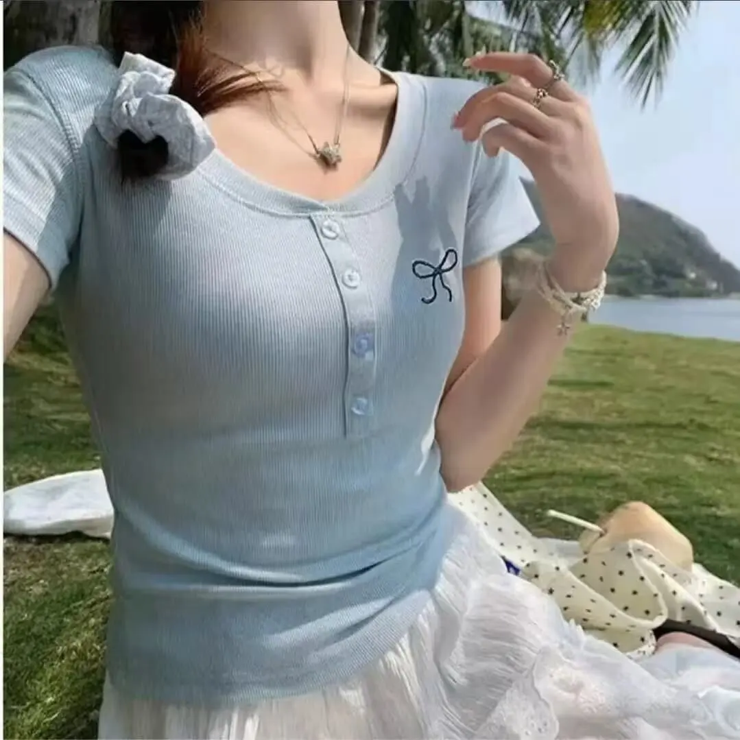 Korean Style V-Neck Knot Embroidered Button Short Sleeve T-Shirt Women's Slim Fit Shoulder Design Summer Half Sleev...