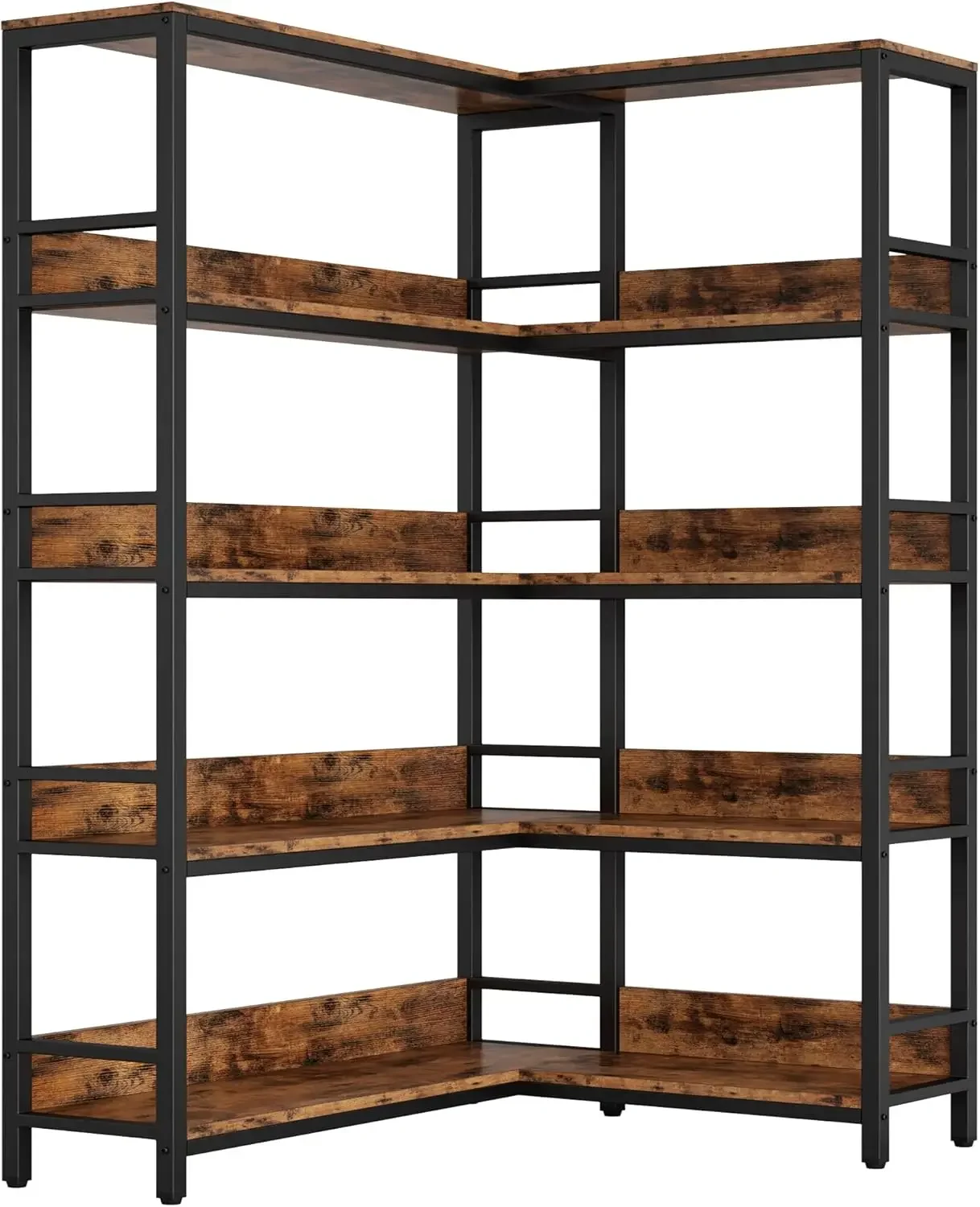 Industrial Bookshelves 5 Tiers Corner Bookcases with Baffles Shelf Storage Rack with Metal Frame for Living Room