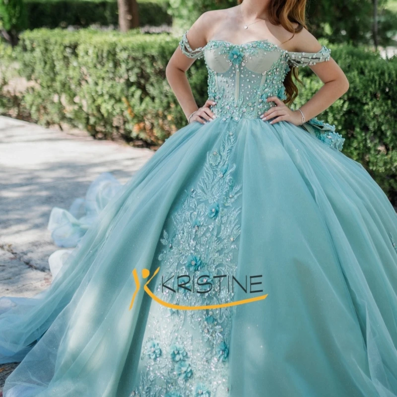 Mint Green Shiny Quinceanera Dresses Off The Shoulder Applique Flower Beading Crystal Bow Tull Party Birthday Sweet 16 Dress