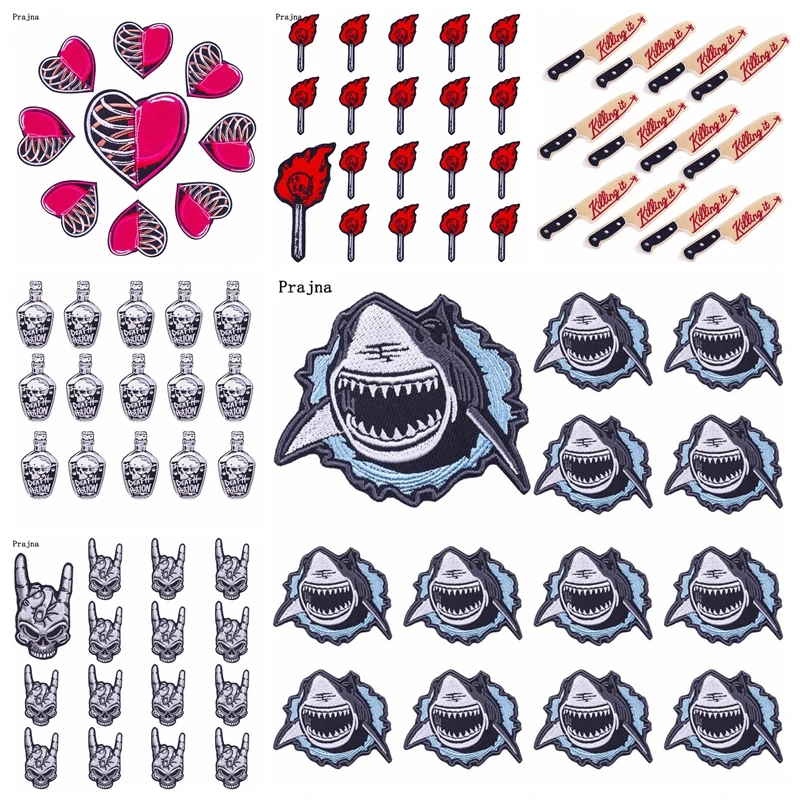 10PCS  Punk Shark Patch Love Skull Embroidered Patches On Clothes Finger Stickers Badges Sewing Iron On Patches For Clothing DIY