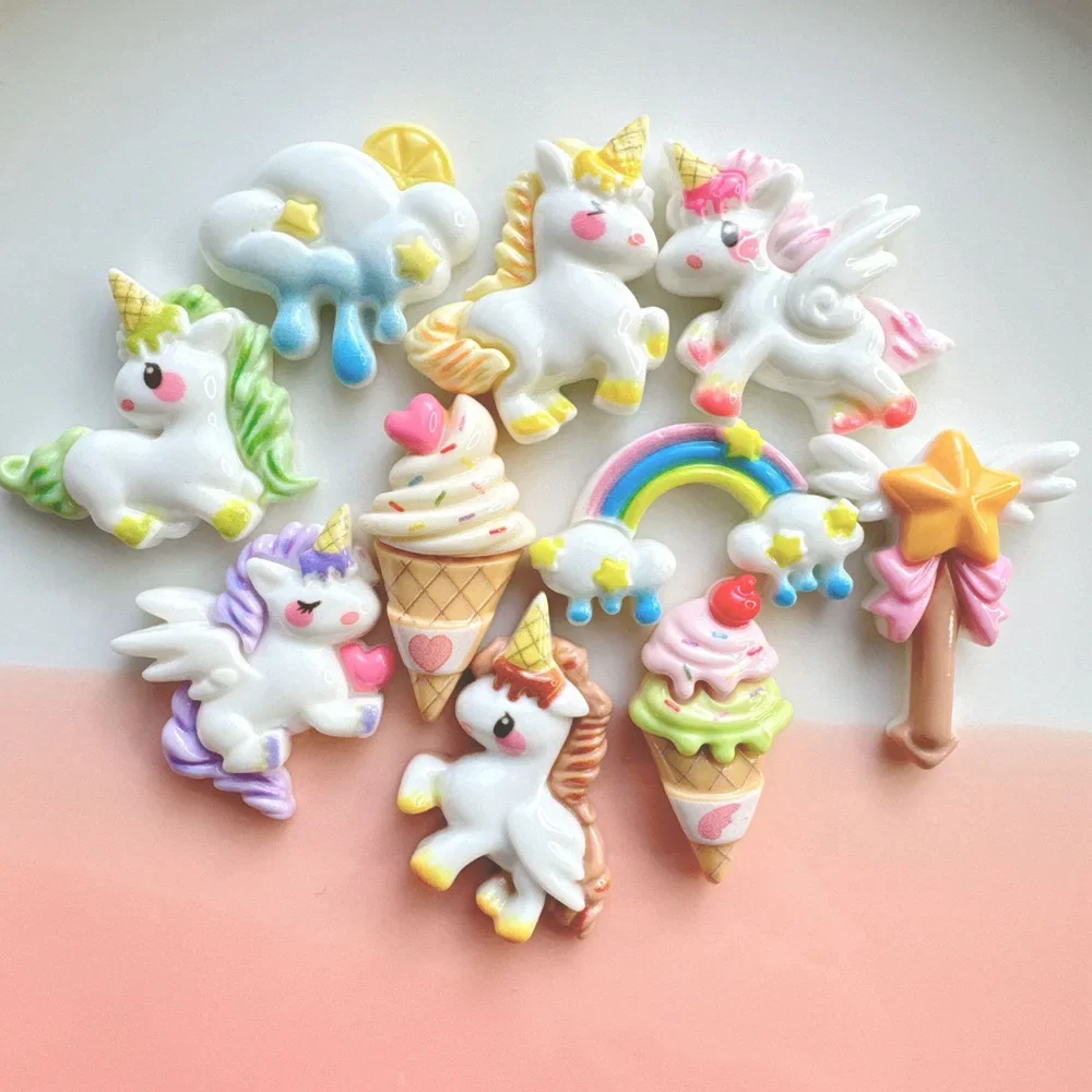 10Pcs New Cute Cartoon Unicorn, Rainbow, Ice Cream Series Flat Back Resin Cabochons Scrapbooking DIY Jewelry Craft Decoration