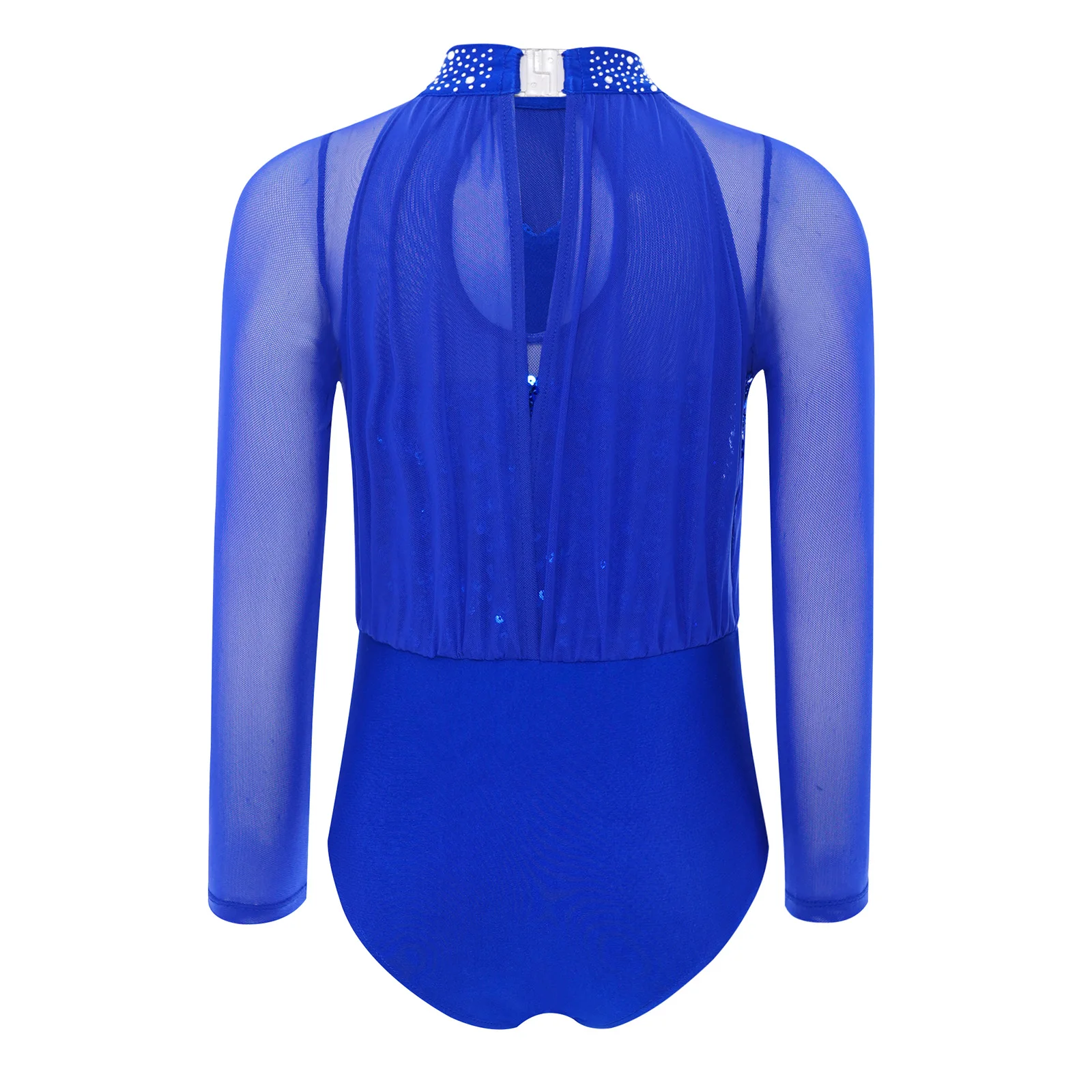 여자아이들 반짝이 스팽글 체조 레오타드 긴 소매 시스루 메쉬 발레 바디수트 피겨 스케이팅 점프수트 현대 무용 의상