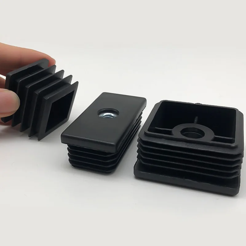 1Set Black Square PE Plastic Pipe Plugs Adjustable Screw Foot Pad with M6 M8 M10 Nut Hole Blanking End Inserts Caps