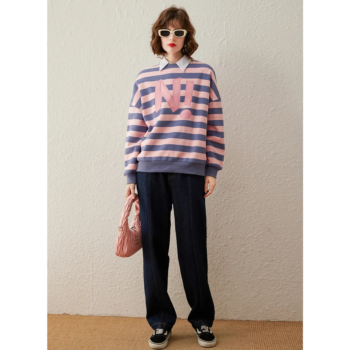 LOUIS YAO Women Striped Sweatshirt 2023 Autumn Letter Print Sequin Embroidery Round Neck Top