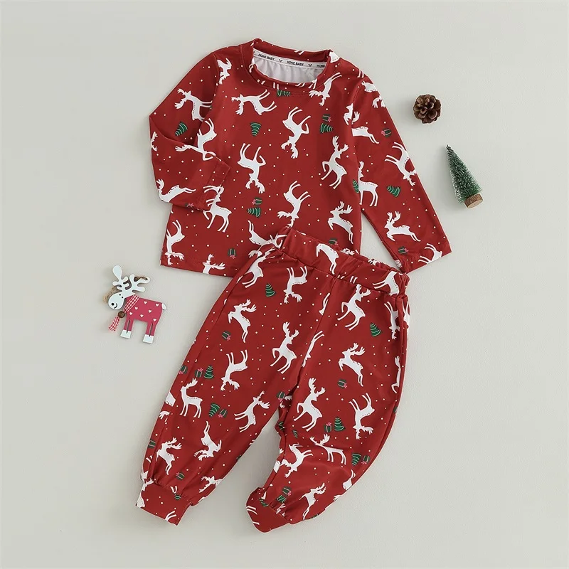 

2Pcs Toddler Christmas Costumes Long Sleeve Round Neck Reindeer Print Tops Trousers Set Children s Cozy Apparel for Winter