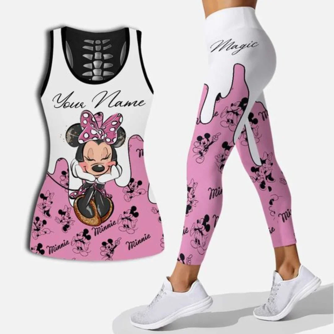 New Minnie Mouse Women's Hollow Tanktop Leggings Yoga Set Summer Fitness Leggings Tracksuit Disney Cutout Tank Top Leggings Set