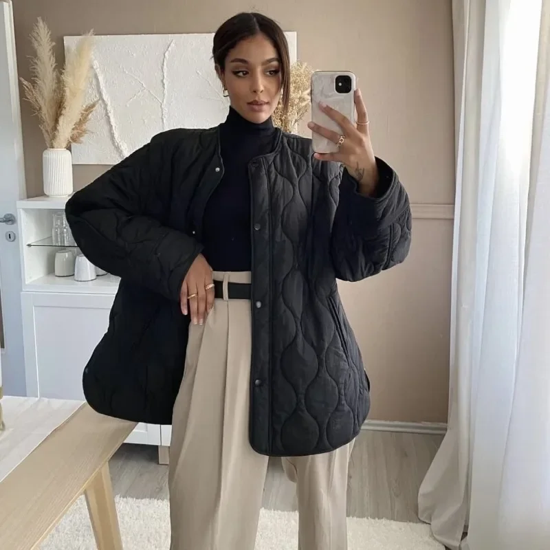 High-end outono inverno casaco de algodão feminino acolchoado jaqueta quente manga longa parkas botão blusão jaqueta o pescoço roupas femininas