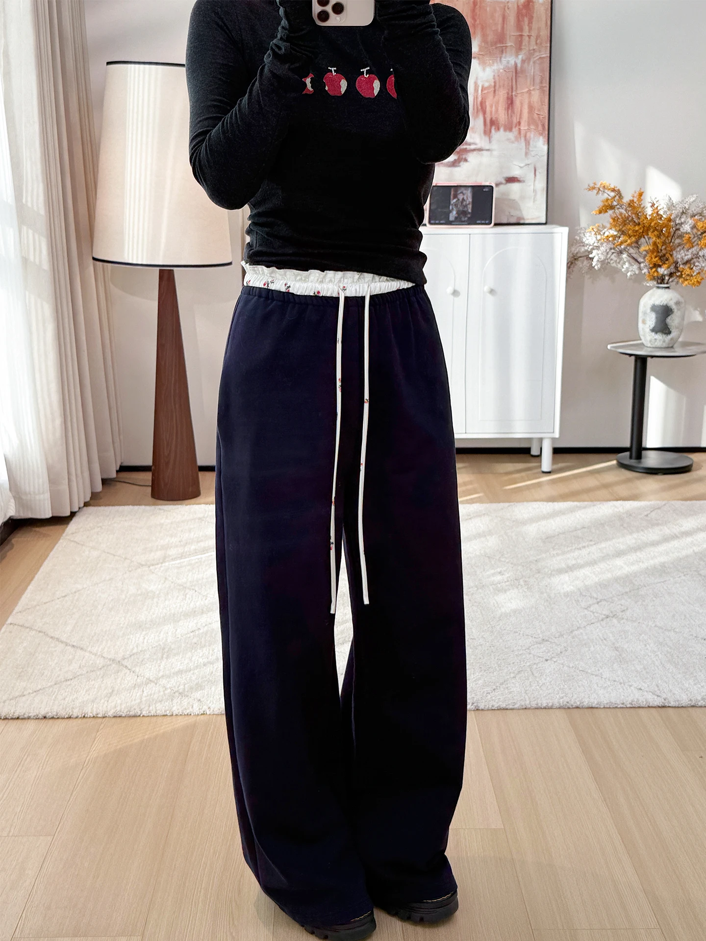 

Chunyuan Pure Cotton Casual Pants Wide Leg Floor-Length Lace Trim Belted l Waist Elastic Polyester Blend Spring Ladies