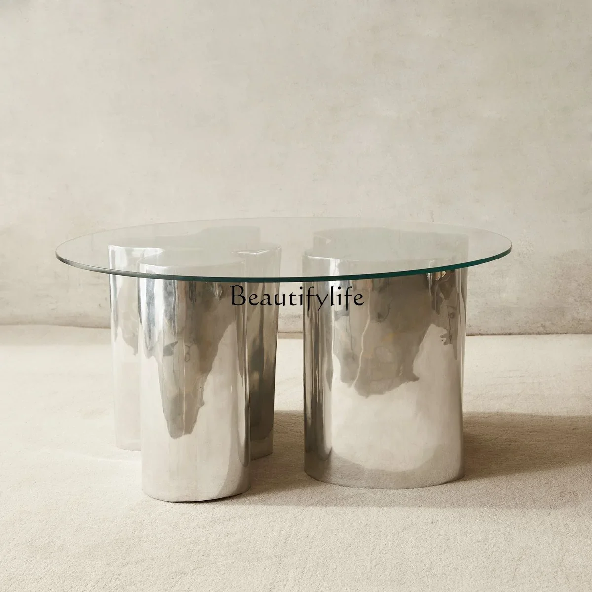 

yj32 Stainless steel silver irregular coffee table tempered ultra-white wave special-shaped tree root simple sofa table
