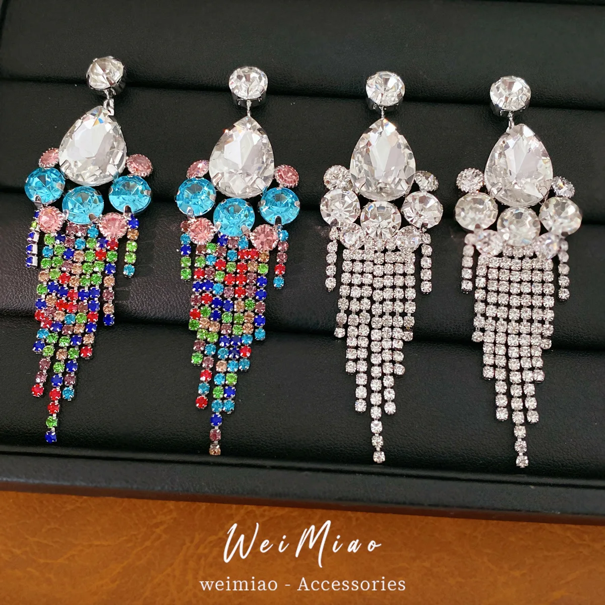 Glamorous Teardrop Cut Crystal Chandelier Earrings Sparkling Rainbow Rhinestone Fringe Dangle Jewelry For Stage Statement