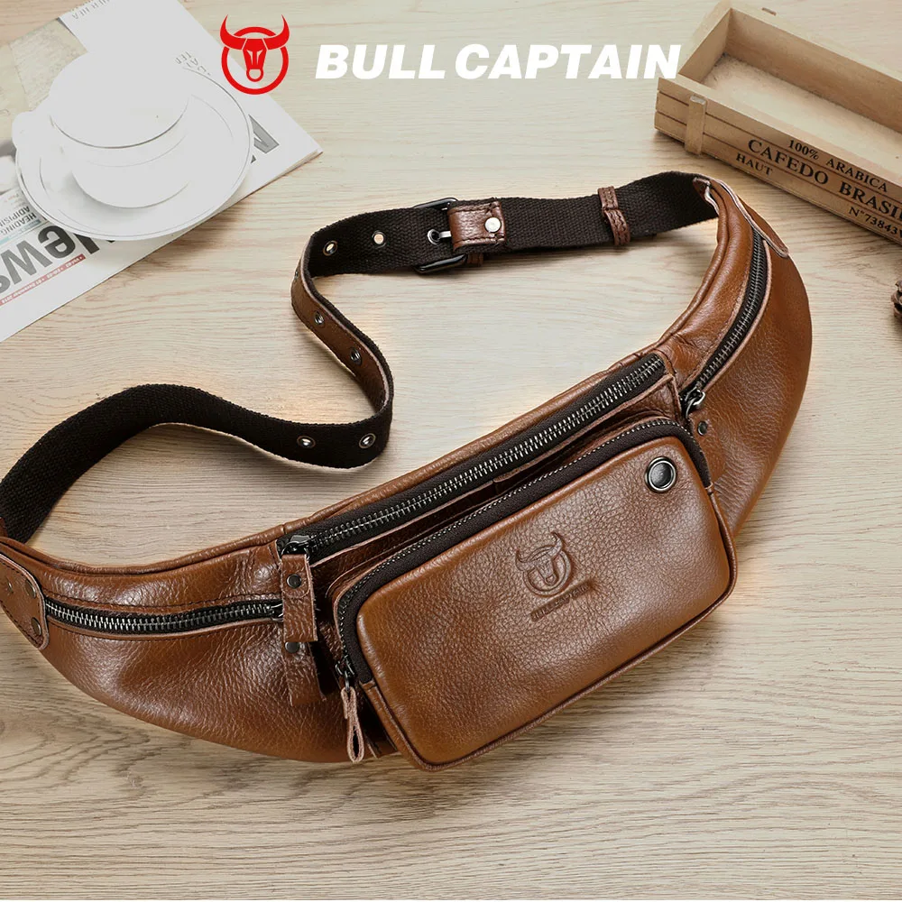 BULLCAPTAIN Men's Genuine Leather Sports Waist Bag Multifunctional Storage Mountaineering Shoulder Crossbody Mobile Phone Bag