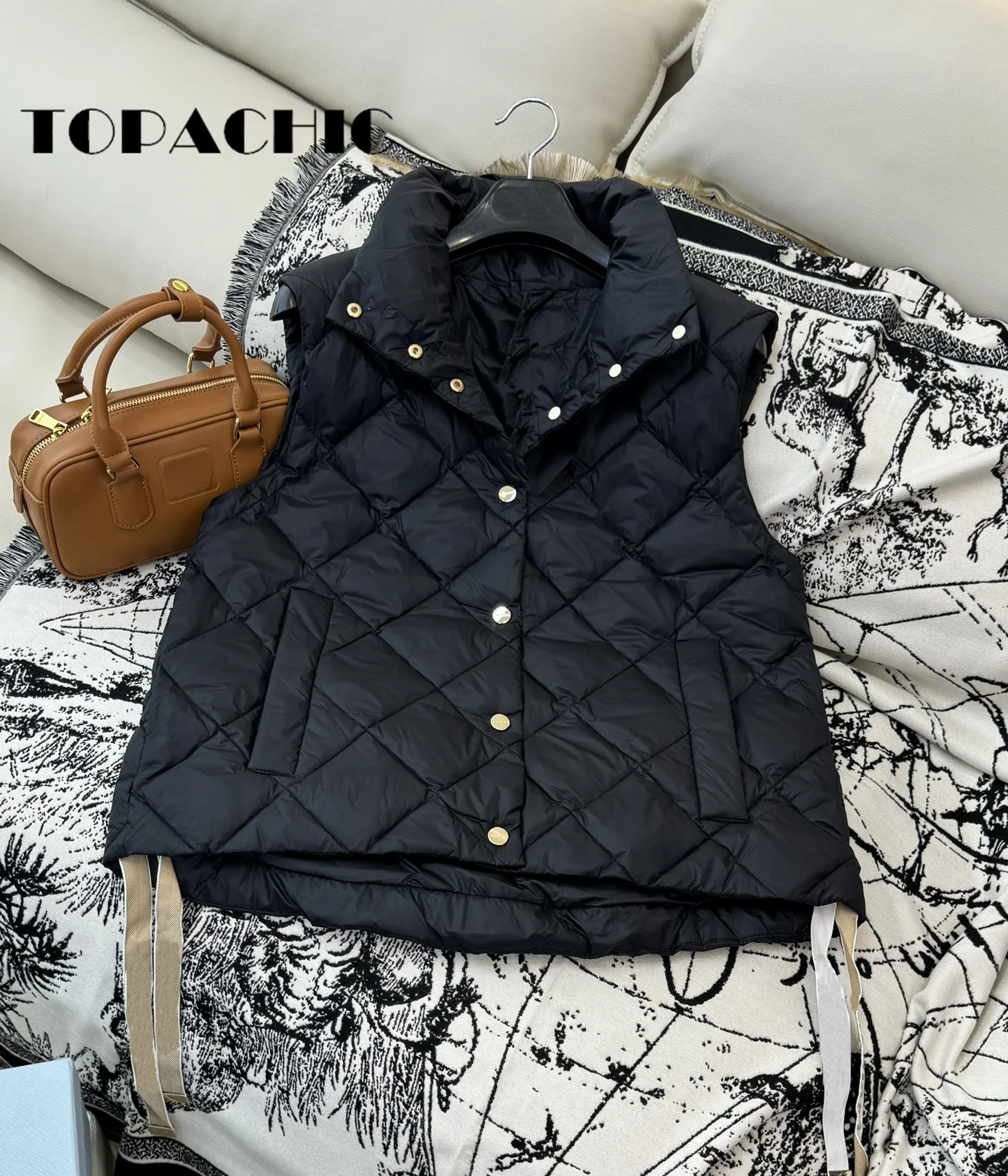 9.4 TOPACHIC Women\'s Quilted Argyle Plaid Goose Down Vest Solid Color Stand Collar Hem Lace-up All-matches Down Vest Outerwear