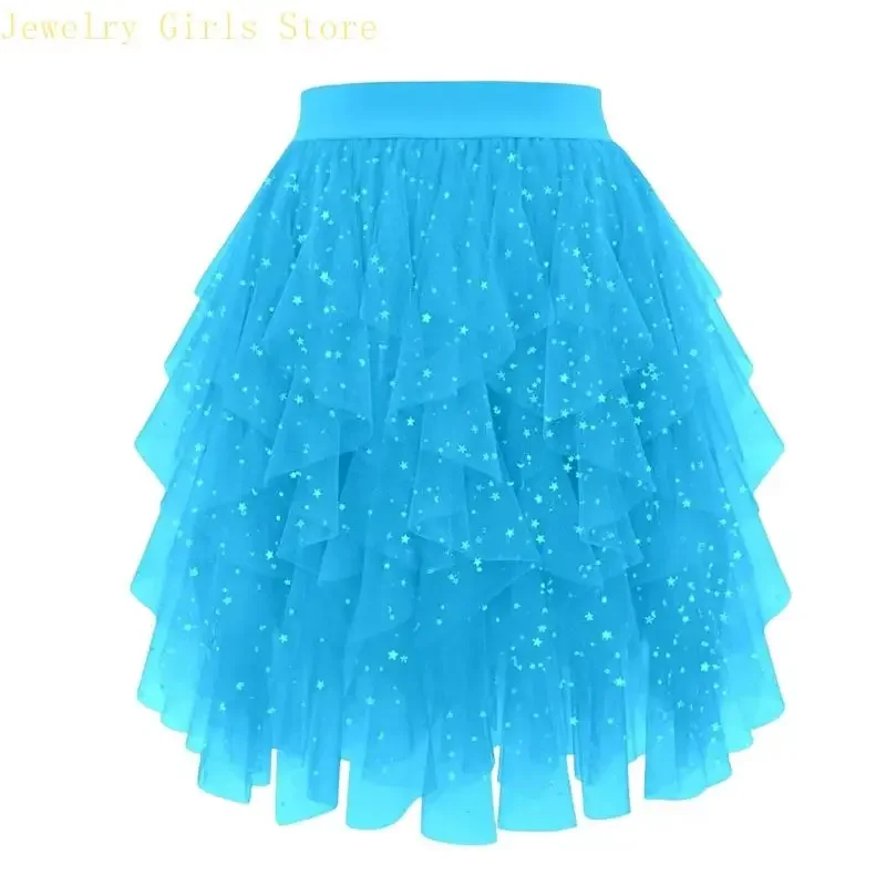 Womes Elastic Waist Glitter Star Sequined Asymmetric Tulle A-Line Short Skirt D0UB