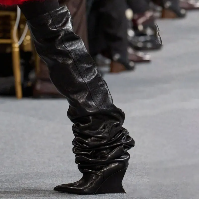 2026 Spring/Summer Women's Boots Women's Wedge Heel 7.5 cm High Heels Knee Length Cool Boots Slant Heel Fashion Show Large Size