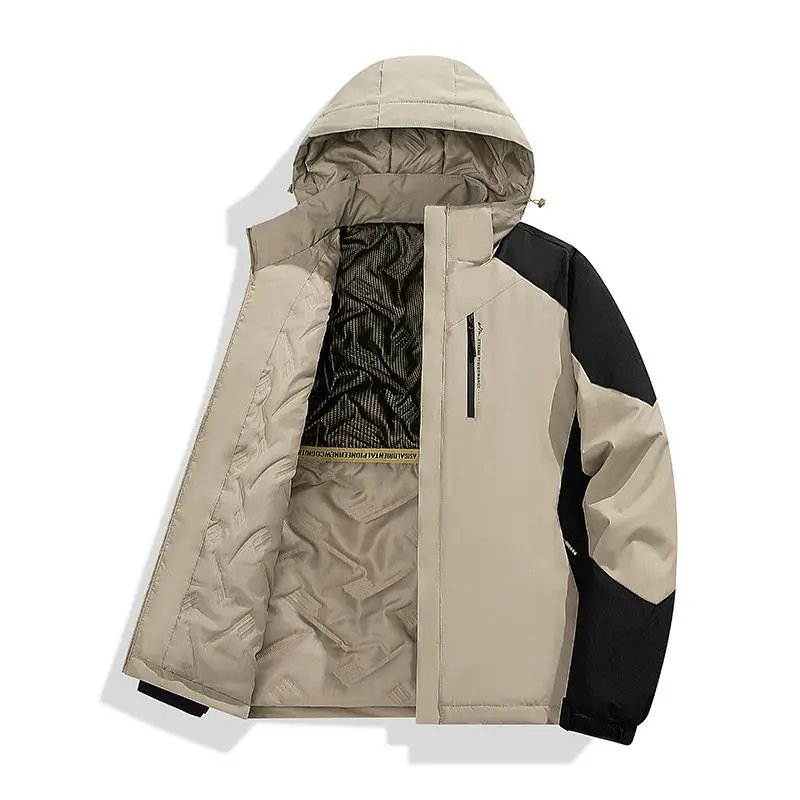 Winter Thicken Fleece Cotton-padded Jacket Men's Windproof Snow Ski Hooded Coats Color-blocking Casual Zipper Pocket Jackets