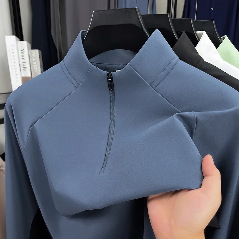 

Premium half zipper stand collar long sleeve T-shirt men spring autumn silky smooth comfort Korean style trend casual sweatshirt
