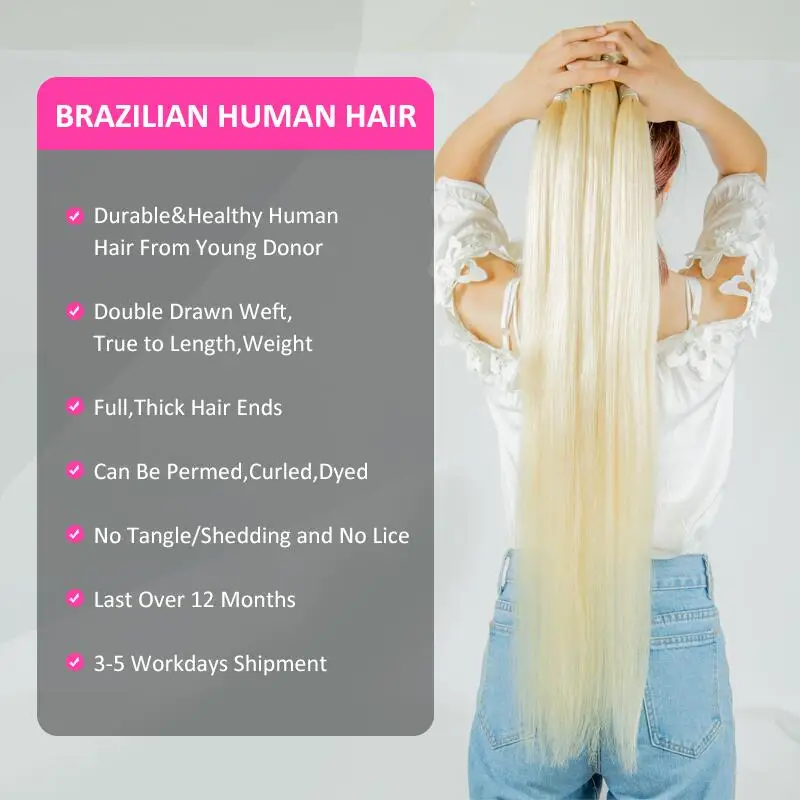 Straight Hair Pacotes de cabelo humano Weave, Double Track, 613 Blonde, Malaysian Raw Hair, Remy Pacotes, 30 in, 32 in, 34 in, 36 in, 38 in, 40 in, Frete Grátis