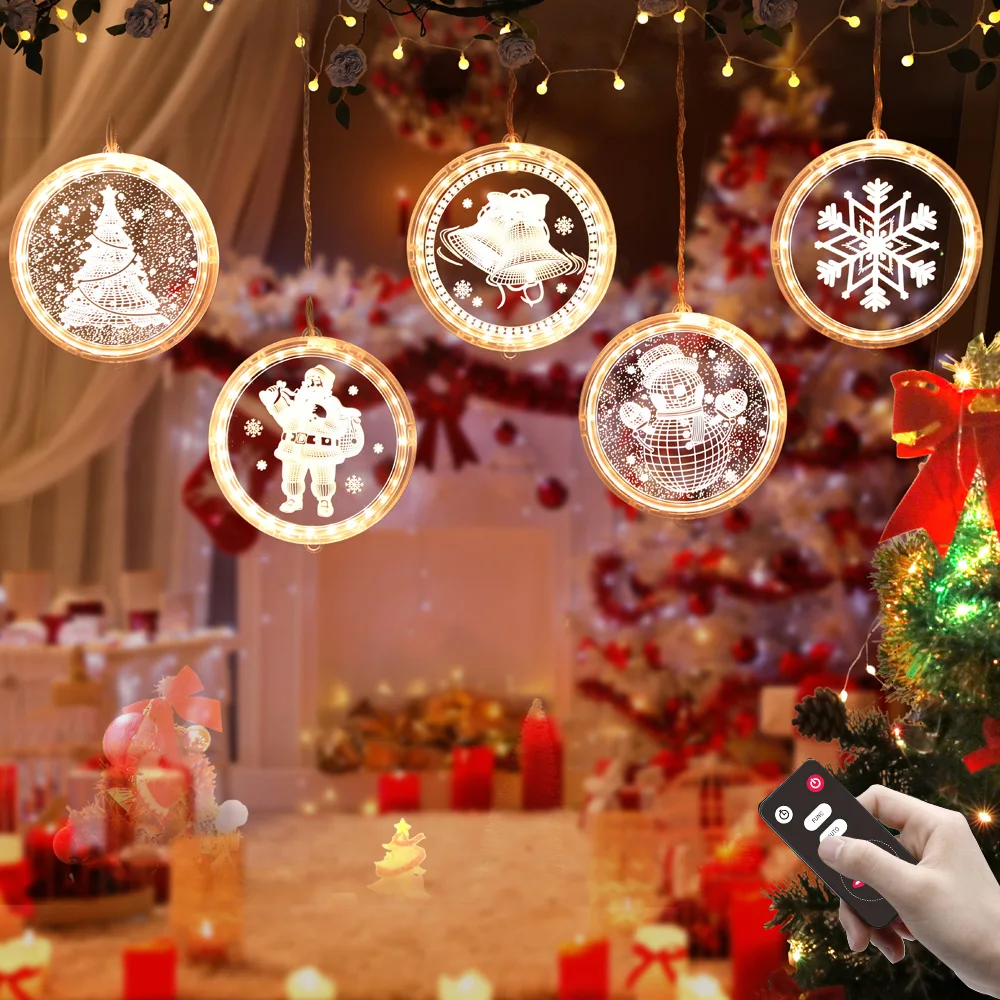 4.5M Christmas Snowflake Curtain String Lights USB Operated 3D Santa Claus Fairy Icicle Light for Party New Year Window Decor