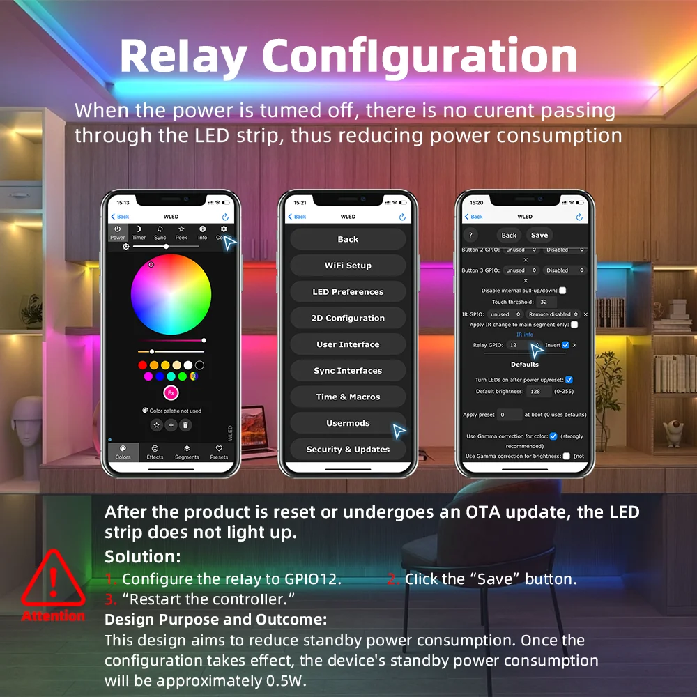 DOMRAEM ESP8266/ESP32 USB-C WLED Digital LED Controller | WS2814/12B/05/APA102 RGB IC Strips | 16A Fuse~0.5W standby |Mic & UART