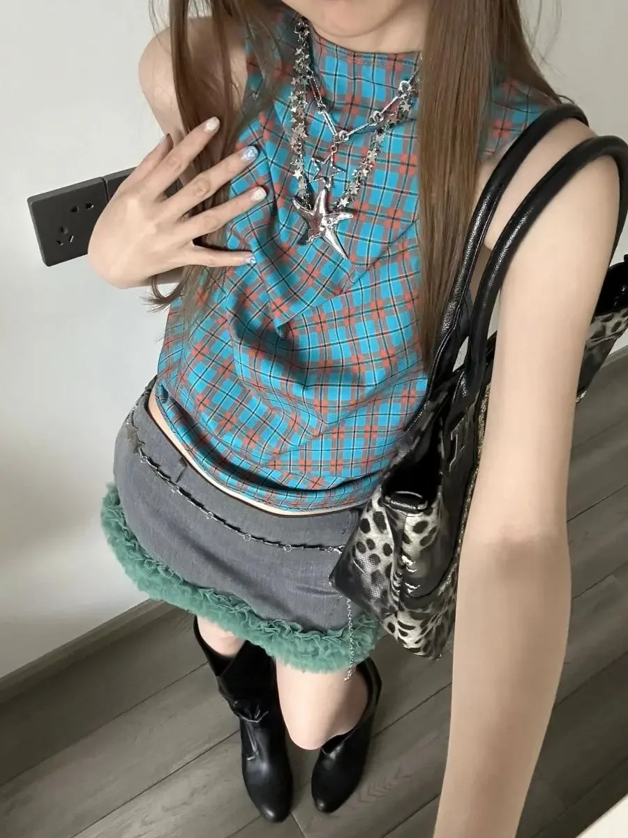 Spicy Girl Style Sexy Backless Plaid Vest 2024 Women's Summer Design Feeling Hooded Pure Desire Style Short Sleeveless Top