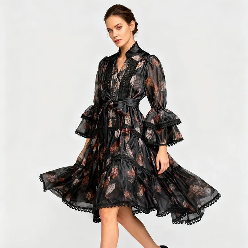 

Retro Sexy Women's Lace Splice Dr High Waist Slim Fit ort Skirt Asymmetrical Hemline Polyester Fiber Long Sve Dr